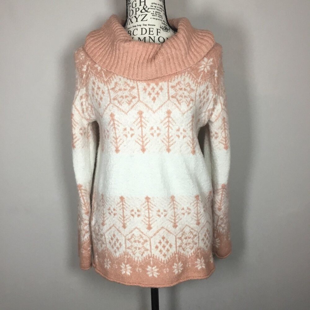 Peach cream Fair Isle sweater geometric snowflakes stretchy long cowl neck M